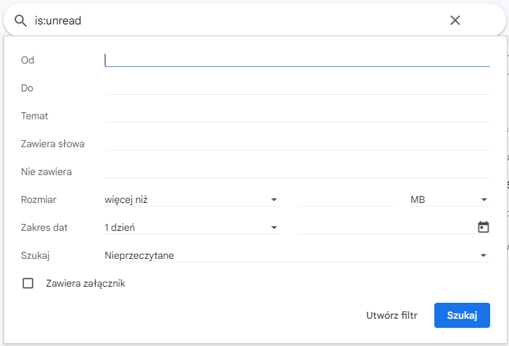 zaawansowane wyszukiwanie wiadomości w gmailu